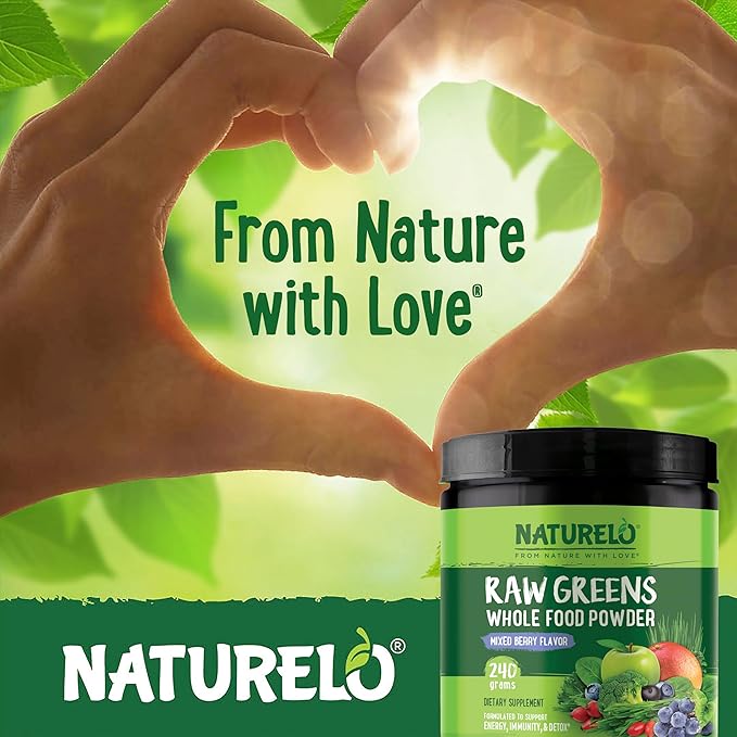 NATURELO Raw Greens Superfood Powder 240 Grams Mixed Berry - Supports Energy Immunity and Detox - Includes Spirulina Wheat Grass and Organic Greens for Whole Food Nutrition