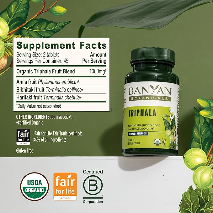 Banyan Botanicals Organic Triphala Tablets - Gentle Daily Digestion &amp Colon Cleanse Support - Amla Haritaki Bibhitaki - Healthy Elimination Detox &amp Gut Microbiome - 90 Tablets - Non-GMO Ve