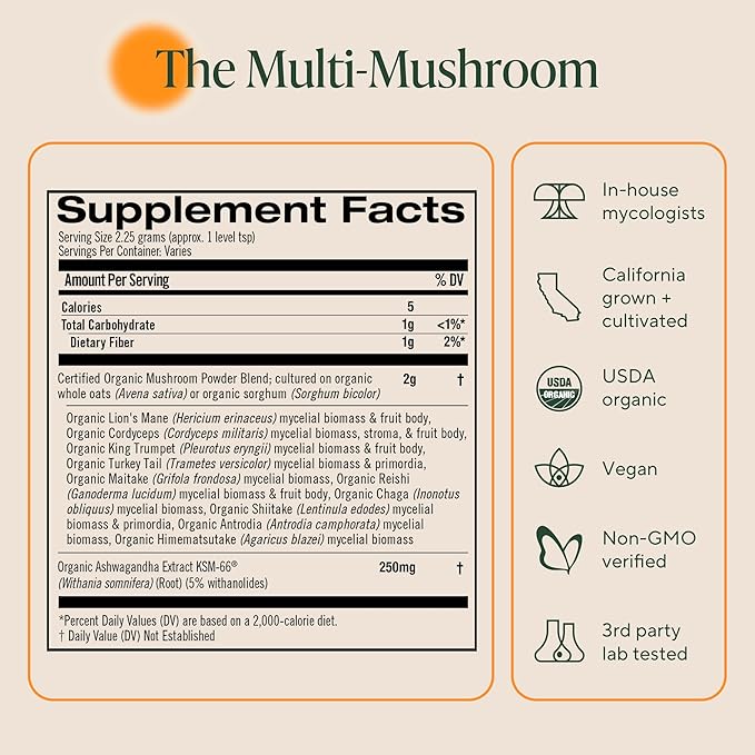 OM Mushrooms Master Blend Mushroom Powder – Organic Mushroom Supplement with 10 Mushrooms and Ashwagandha - Support Immunity Gut Health &amp Stress Relief 6.34 oz (80 Servings)