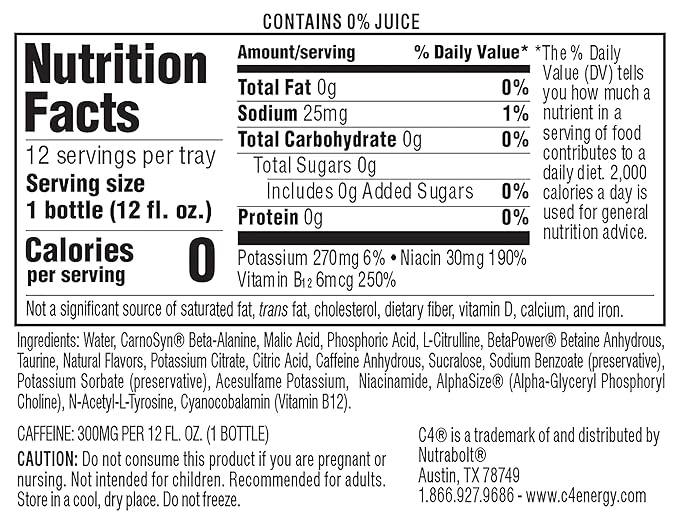 C4 Ultimate Non-Carbonated Zero Sugar Energy Drink Pre Workout Drink + Beta Alanine 12 Fl Oz (Pack of 24)