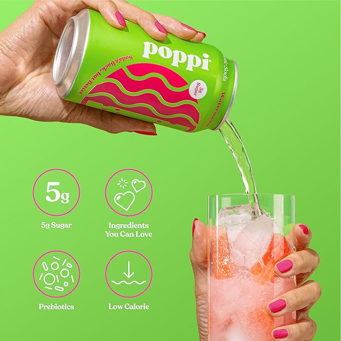 Poppi Sparkling Prebiotic Soda Beverage with Apple Cider Vinegar Seltzer Water and Fruit Juice Watermelon Flavor 12 oz Pack of 12 Packaging May Vary