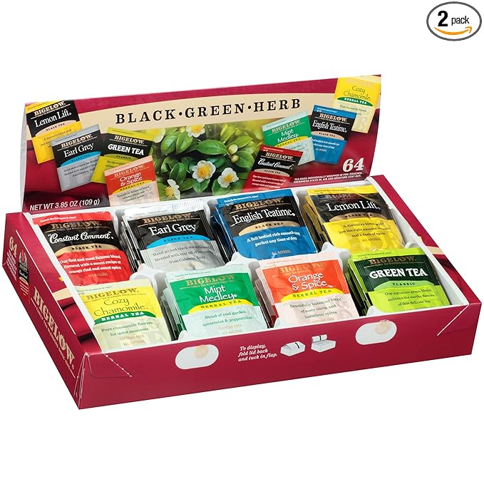 Bigelow Fine Tea &amp Herbal Tea Assortment 64 Count Box (Pack of 2) Caffeinated and Caffeine Tea 128 Tea Bags Total