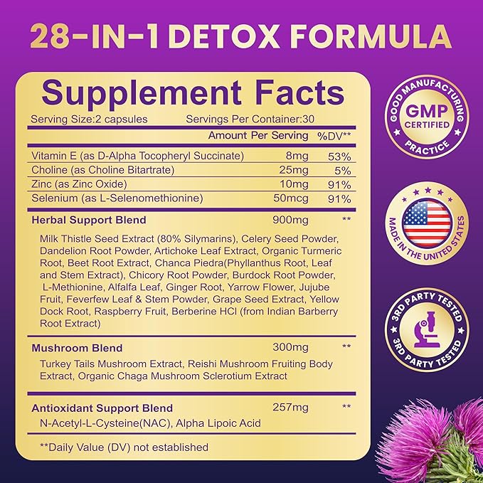 28-in-1 Liver Cleanse Detox &amp Repair - 1500mg Liver Health Support with Milk Thistle Dandelion Root Artichoke Extract and 20+ Herbal Liver Support Supplements - Made in USA - 60 Capsules