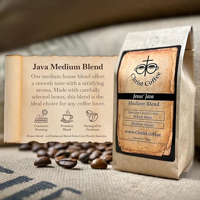 Christ Coffee Jesus’ Java Medium Blend – Premium Whole Coffee Beans Smooth and Balanced Flavor | Freshly Roasted for Rich Aroma and Taste – 16 oz Bag