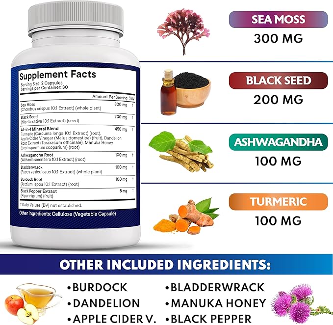 NEW AGE Silica Sea Moss Black Seed Oil Ashwagandha Turmeric Bladderwrack Burdock - with Manuka Honey Dandelion ACV Black Pepper Gluten Free