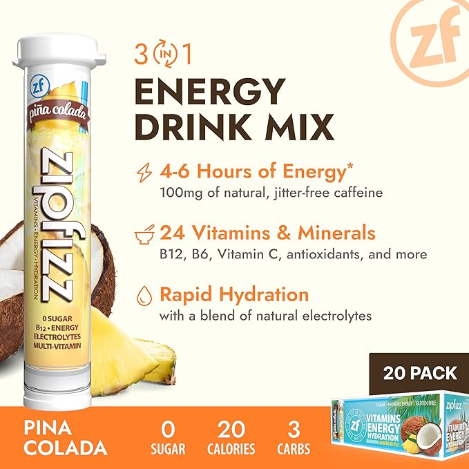 Zipfizz Daily Energy Drink Powder Pina Colada 20 Pack | 3-in-1 Sustained Energy Rapid Hydration and Essential Vitamins | Sugar-Free | Electrolyte Powder | Contains Vitamin B-12 &amp Antioxidants