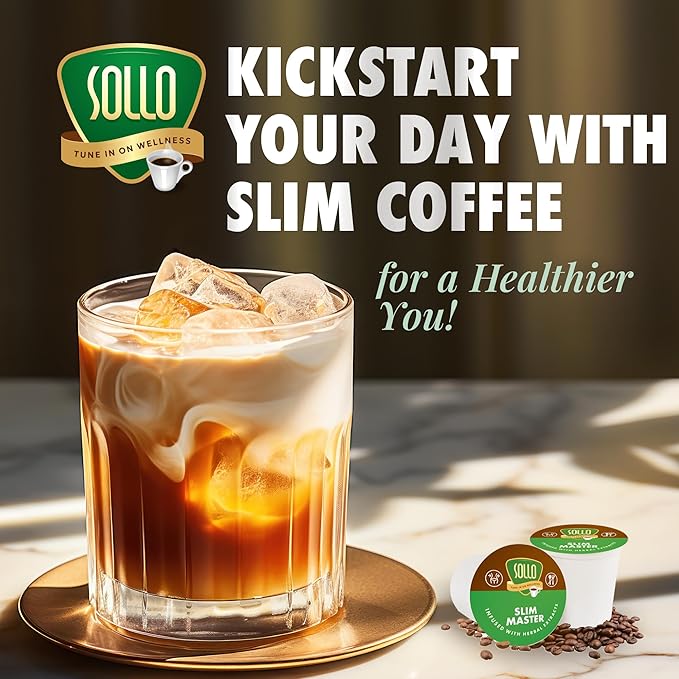 SOLLO Organic Slim Coffee Pods Medium Roast Low Acid Diet-Support Slim Single Serve Pods Compatible With 2.0 K-Cup Keurig Brewers 24 K Cup