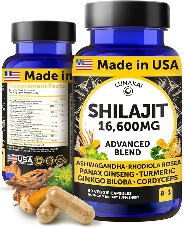 Lunakai USA Made Pure Shilajit Capsules with Ashwagandha Rhodiola &amp Cordyceps - Extra Strength Shilajit Extract for Men &amp Women 60ct