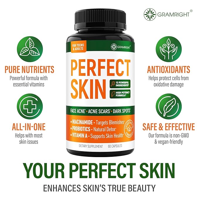 Perfect Skin Acne Pills - Clear Skin Supplement with Niacinamide Probiotic Zinc &amp Vitamin A - Anti Acne Vitamins for Teens Men &amp Women - Support for Face &amp Back Acne Acne Scars - 60 Ca