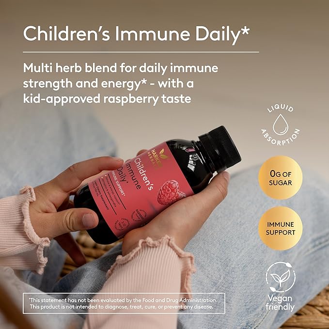 Children's Immune Daily Syrup Herbal Health &amp Energy Support with Astragalus Codonopsis Ashwagandha &amp Licorice Root Sweet Raspberry Flavor Plant-Based - 5.1 Fl oz (30 Servings)