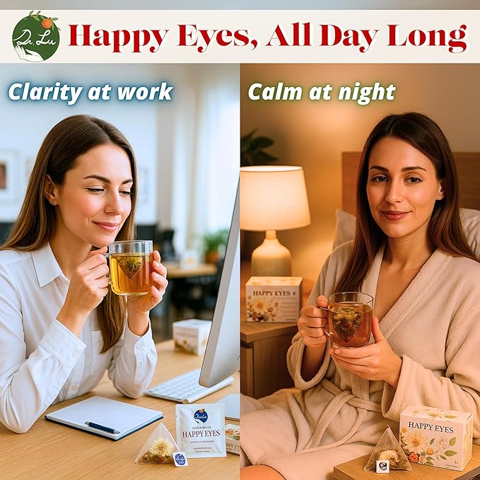 Dr. Lu’s Happy Eyes Tea | 100% Natural Eyebright Tea for Liver Cleanse | Liver Detox tea for Eye Health | Chrysanthemum Cassia Seed Goji Berry 8 Premium Herbs in Corn Fiber Pyramid Bags | Made in US