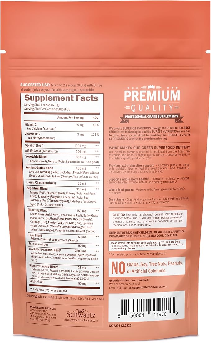 Super Greens Powder Superfood - Greens Powder with Probiotics Prebiotics Digestive Enzymes and 43 Green Superfoods - Chlorophyll Bilberry Chlorella Spirulina Grass - Tastes Amazing - 30 Servings