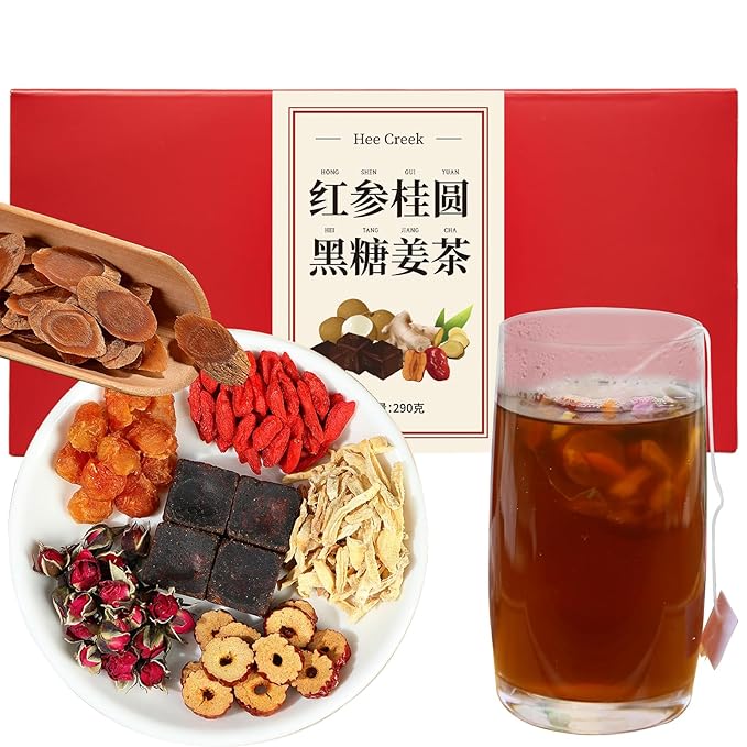 Hee Creek Longan Red Date Ginger Sugar Tea 10.23oz (25 Bags) Ancient Method Handmade Red Ginseng Brown Sugar Ginger Tea for Women Qi and Blood Tonic Caffeine Free 红参 桂圆红枣姜糖茶 黑糖姜茶 红糖姜枣茶