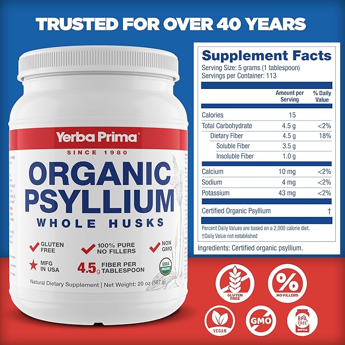 Yerba Prima Organic Whole Psyllium Husks Fiber - 20 oz (Pack of 2) - Natural Daily Dietary Fiber Supplement Colon Cleanser Regularity &amp Detox Cleansing Support Gluten Free Non GMO Vegan