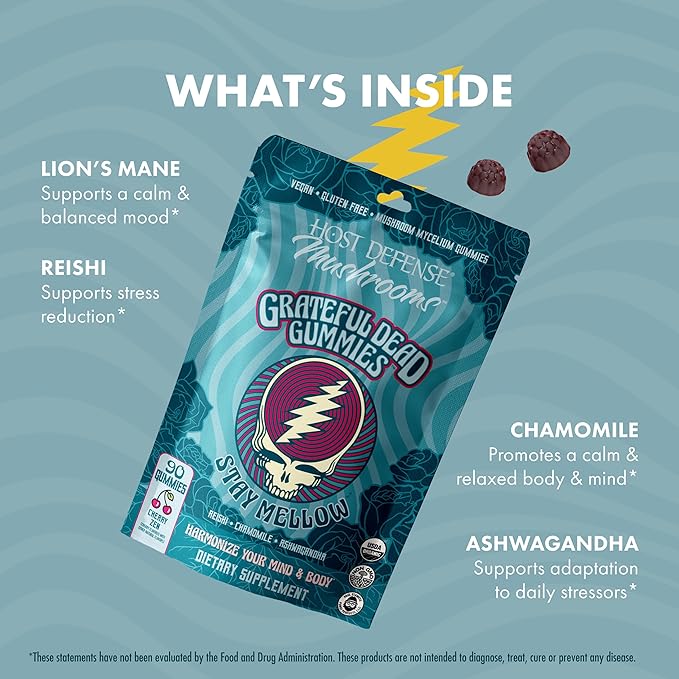 Host Defense Stay Mellow Grateful Dead Gummies - Reishi Mushroom Gummies with Ashwagandha Chamomile &amp Lions Mane - Support for Stress Reduction and Relaxation (30 Servings)