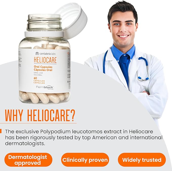 CANTABRIA LABS Heliocare Dietary Supplement: 240mg Polypodium Leucotomos Extract Pills - Antioxidant Rich Formula with Fernblock and PLE Technology - 60 Veggie Capsules