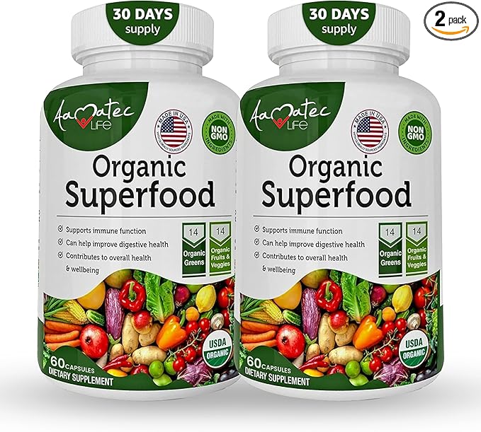 Organic Superfood Greens Fruits and Veggies Complex - Dietary Supplement with 14 Greens &amp14 Vegetables with Alfalfa Rich in Antioxidants Organic Ingredients Non-GMO (120 Count Pack of 2)