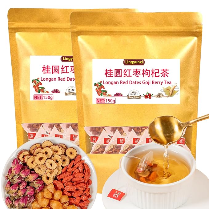 Lingyunxi Rose Longan Red Date Wolfberry Tea 2packs/60Bags Women Five Treasures Wubao Rose Tea Jujube Dried Longan Goji Berry 桂圆红枣枸杞茶 玫瑰红枣枸杞茶 300g/10.6oz
