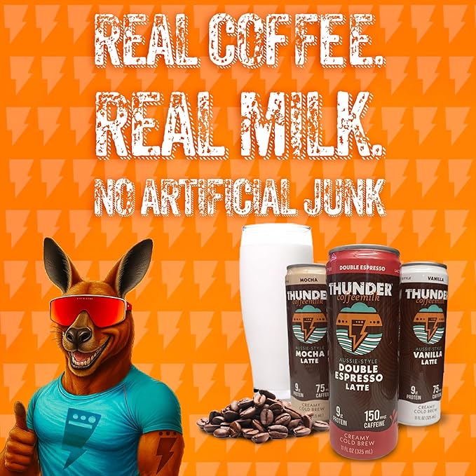 Thunder CoffeeMilk - 11 oz Aussie Style Cold-Brewed Latte Canned Coffee Iced Coffee Cans for Grab &amp Go Natural Protein-Rich 75mg Caffeine Energy Drink in Handy Cold Brew Cans Vanilla 12 Pack