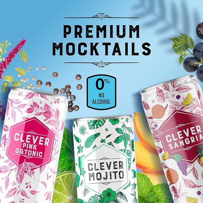 CLEVER - Nonalcoholic Mocktails Mix Pack 3 Mocktails Non-alcoholic Drinks: Mojito Sangria &amp Pink G &amp Tonic Low-Calorie All-Occasion Refreshing Beverages Pack of 12 (4 Cans per Variant 12