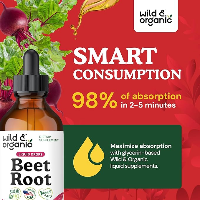 Wild &amp Organic Beet Root Extract Drops - 8000 mg Fresh Beetroot Extract Equivalent - Extract 20:1 - Liquid Red Beets Supplements - 400 mg per Serving - Vegan Alcohol &amp Sugar-Free - 4 fl oz