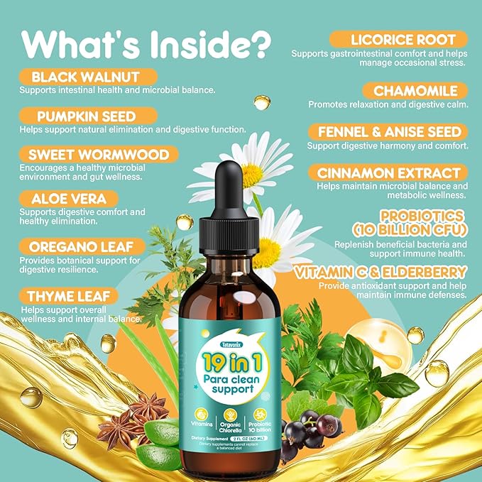 19 in 1 Herbal Gut Cleanse Drops – Wormwood Black Walnut Chlorella 250mg 10B Probiotics Clove &amp Oregano – Liquid Detox Support for Adults &amp Kids Alcohol-Free 2oz