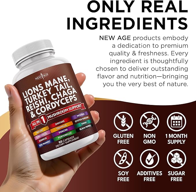 NEW AGE Lions Mane Mushroom Supplement with Turkey Tail Reishi Cordyceps Chaga with Marshmallow Root 180 Count