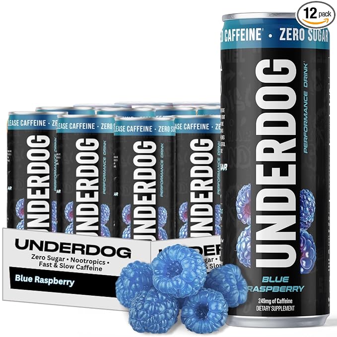 Underdog Performance Energy Drink Blue Raspberry Nootropics Green Tea Extract Citrulline Clean Sugar Free Fast &amp Slow Release 249mg Caffeine per Serving No Artificial Additives 12 Pack
