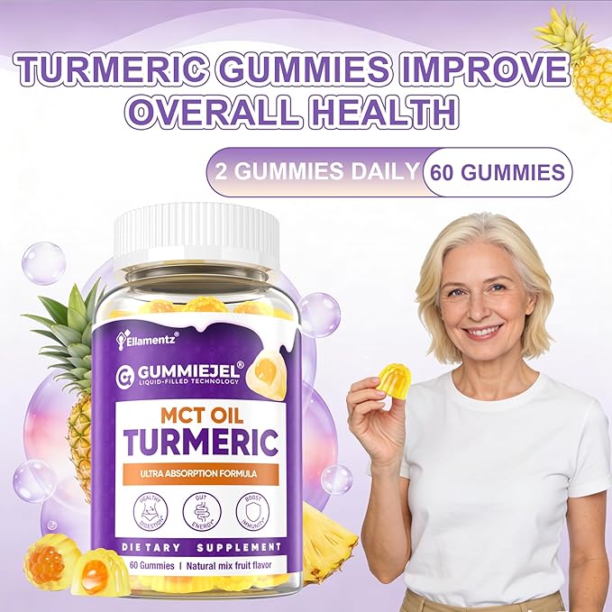 Turmeric Curcumin 1000mg/ 500mg with Ginger Gummies w/MCT Oil C8 C10 95% Turmeric Curcumin Supplement with Black Pepper Extract Support Mobility Comfort Antioxidant Energy Sugar Free 1Pack