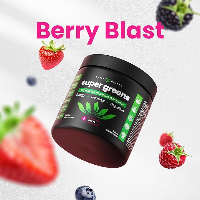NutraChamps Super Greens Powder Premium Superfood | 20+ Organic Green Veggie Whole Foods | Wheat Grass Spirulina Chlorella &amp More | Antioxidant Digestive Enzyme &amp Probiotic Blends