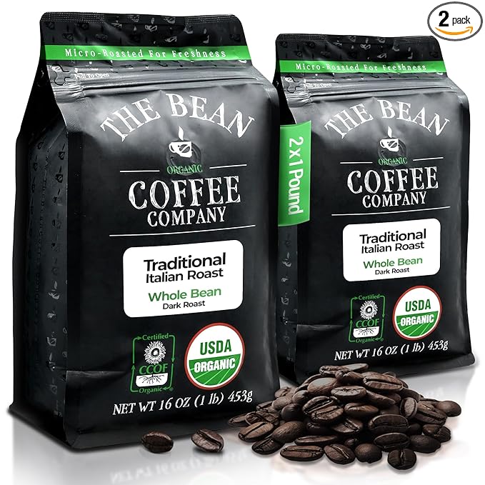 The Bean Organic Coffee Company Il Chicco (Traditional Italian Roast) Dark Roast Whole Bean Coffee 16-Ounce Bags (Pack of 2)