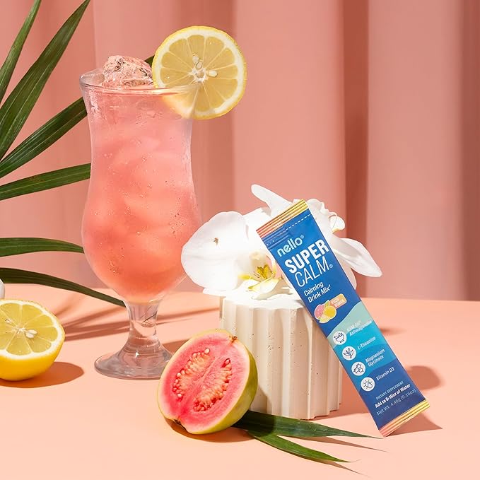 Nello Supercalm Powdered Drink Mix Cortisol Reducer* and Sleep Aid Supplement L Theanine Ksm-66 Ashwagandha Magnesium Glycinate Vitamin D 3 No Sugar Non GMO On The Go 20 Ct Yuzu Guava