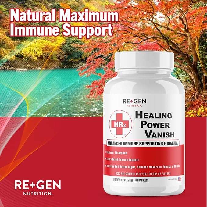Re+Gen Nutrition Herp Rescue Healing Power Vanish Immune Support for Women Mushroom Supplement Pure Shiitake Mushroom Beta Glucan Red Marine Algae 60 Capsules