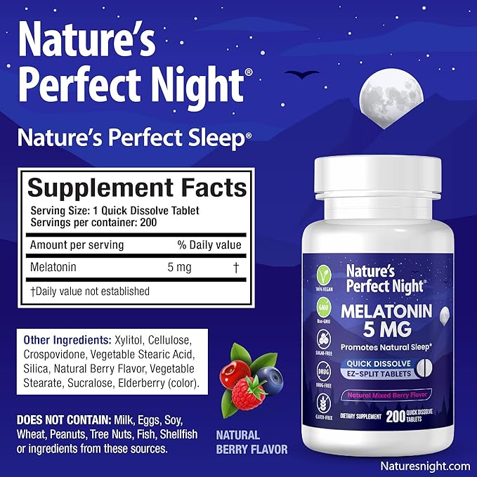 Nature's Perfect Night Melatonin 5mg Quick Dissolve Mixed Berry 200 Count with Serenity Magnesium Powder 15 oz Lemon Raspberry