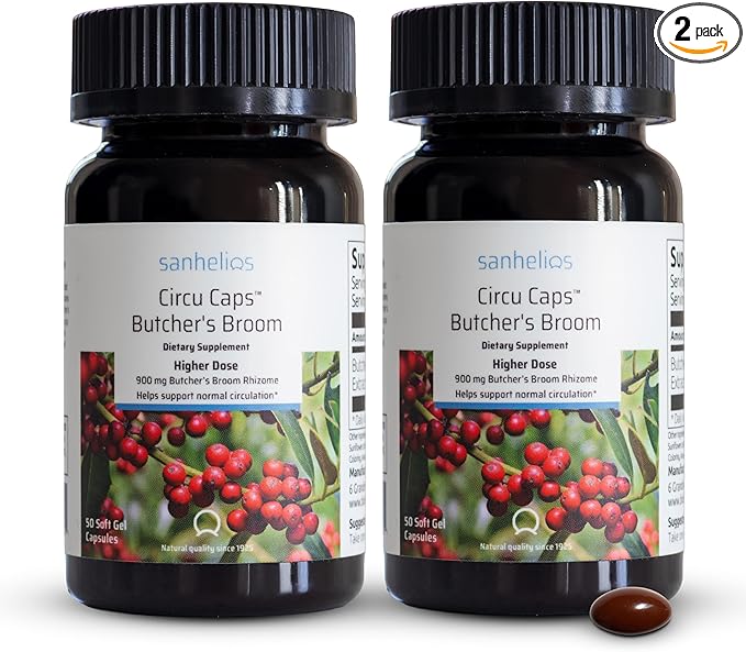 Sanhelios Circu Caps Higher Dose Max Potency Butcher's Broom Extract 900mg - Herbal Support Supplement for Healthy Blood Flow Veins &amp Circulation in Legs - 100 Capsules - 2 Pack