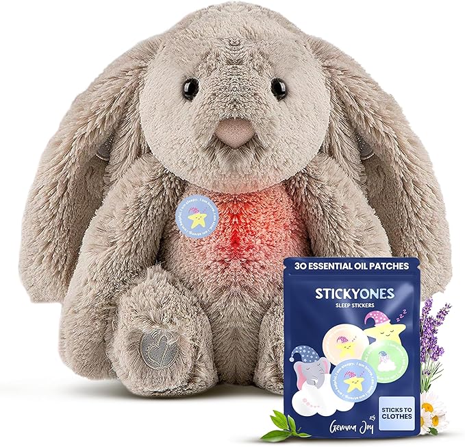 Gemma Joy Bedtime Baby Soothers &amp StickyOnes Sleep Patches - Cry Activated Heartbeat Bunny Plush Toy Stuffed Animal with Calming Light &amp All-Natural No Melatonin Bedtime Patches for Kids and