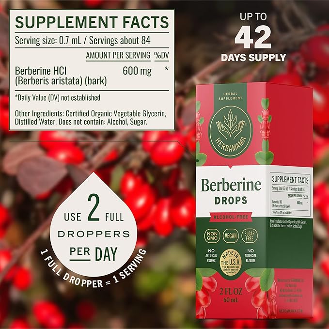 HERBAMAMA Berberine Liquid Drops - Vegan Antioxidant &amp Overall Support with Berberine HCL 500mg Extract Tincture - Non-GMO Alcohol &amp Sugar-Free Supplement 42-Day Supply
