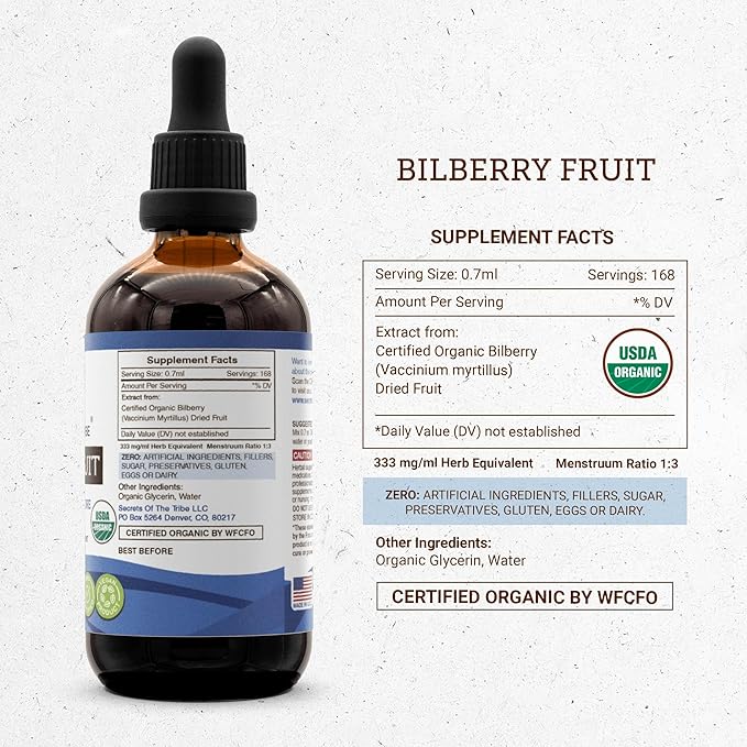 Secrets of the Tribe Bilberry Fruit USDA Organic | Alcohol-Free Extract High-Potency Herbal Drops Vision | Made from 100% Certified Organic Bilberry (Vaccinium Myrtillus) Dried Fruit 4 oz