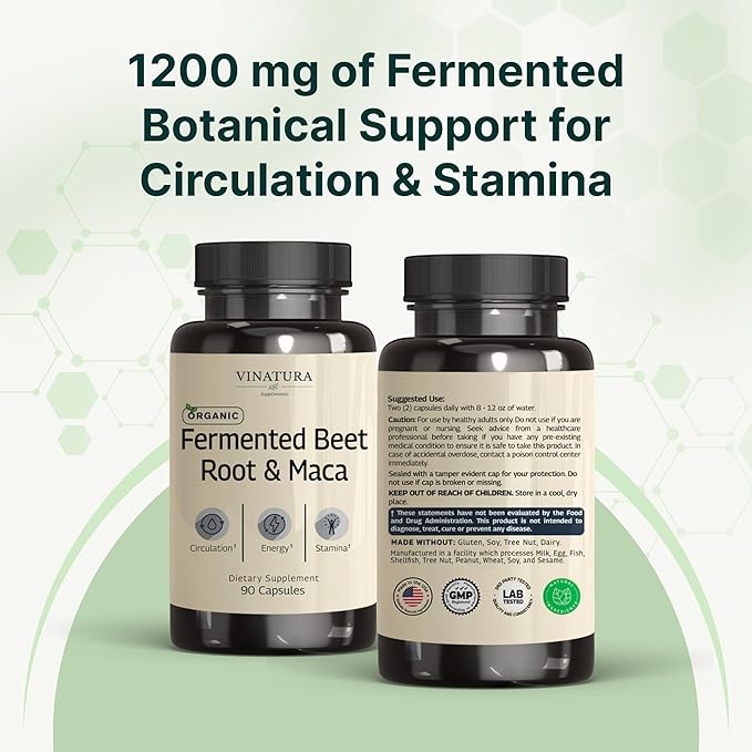 VINATURA Organic Fermented Beet Root with Maca 1200MG - USA Made and Tested 90 Capsules