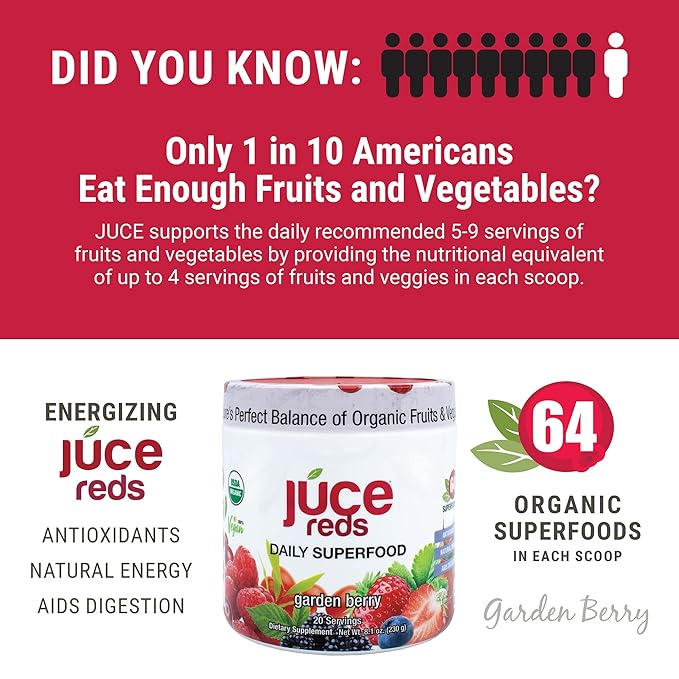 Terra Kai Organics JUCE Reds Organic Superfood Powder - Garden Berry Flavor | Fruit &amp Veggie Powder for Everyone w/64 Immune Boosting Superfood Plus Probiotics for Gut Health | 20 Servings (230g)