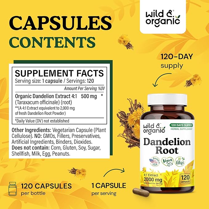 Wild &amp Organic Dandelion Root Capsules - Liver Detox &amp Cleanse Support - 2000 mg of Fresh Dandelion Root Powder per Capsule - 120 Vegan Capsules - 4 Month Supply - No Fillers Non-GMO