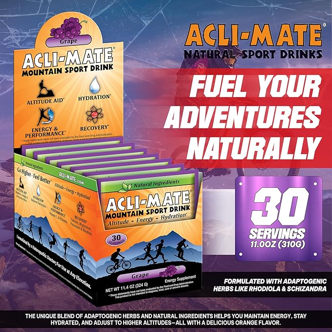Acli-Mate Mountain Sport Drink Mix - High Altitude Acclimatization Electrolyte Powder Packets - Energy Drink Mix - Recovery Hydration Packets for Running Hiking Cycling Travel &amp More (30 CT Gr