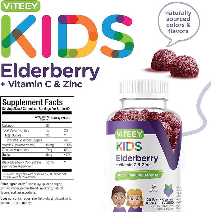 Viteey Sambucus Elderberry Gummies for Kids Immune Support Supplements with Zinc &amp Vitamin C 3-1 Immune Booster - Vegetarian Gelatin Free Gluten Free GMO Free - Tasty Chewable Berry Flavored
