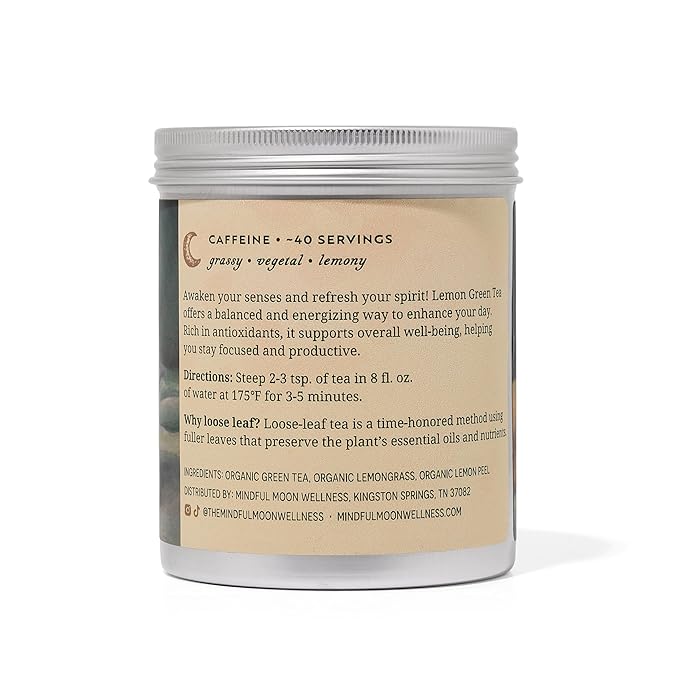 Lemon Green Tea by Mindful Moon – Energizing Green Tea with Zesty Lemon Peel &amp Lemongrass – Caffeinated Loose Leaf (Large)