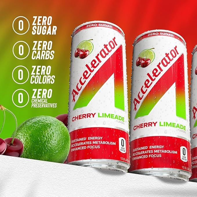 Accelerator Energy Drink Cherry Limeade 12oz can (12 pack) Zero Sugar Sustained Energy from 100% Natural Caffeine (200mg from Green Coffee Bean &amp Green Tea extract)