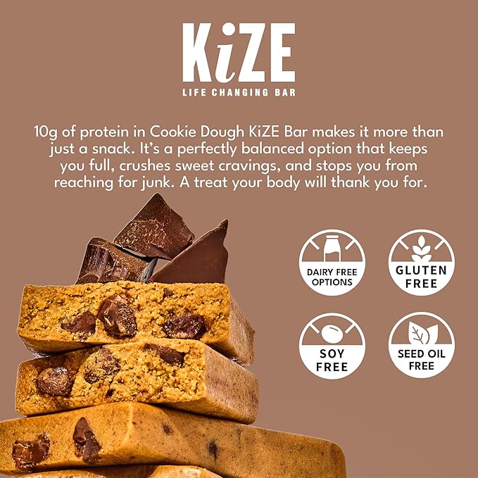 KiZE Energy Bars - Cookie Dough - 20-Count - Gluten Free Dairy Free Non-GMO and High Protein Meal Replacement Energy Bars Clean and Simple Food Ingredients - 10g High Protein Snacks (20 Count)