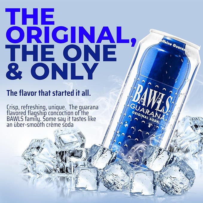 BAWLS Guarana Original BAWLS Guarana Drink Guarana Soda Guarana Fueled Soda for Energy High Energy Caffeinated Drink 16oz 24 Pack Cans