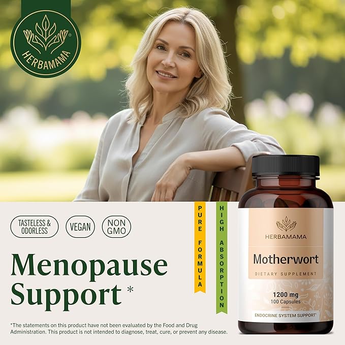 HERBAMAMA Motherwort Capsules – Natural Menopause Supplements* for Women – 1200mg Motherwort Herb Powder per Serving for Women's Mood &amp Calm Support – Vegan Non-GMO – 50-Day Supply
