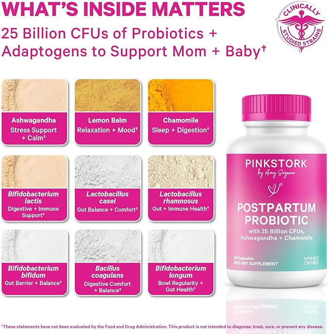 Pink Stork Probiotics for Postnatal Women - 30 Billion CFUS with Ashwagandha and Chamomile Postpartum Essentials for Hormone Balance Mood Support Gut Health Digestive Wellness 30 Capsules