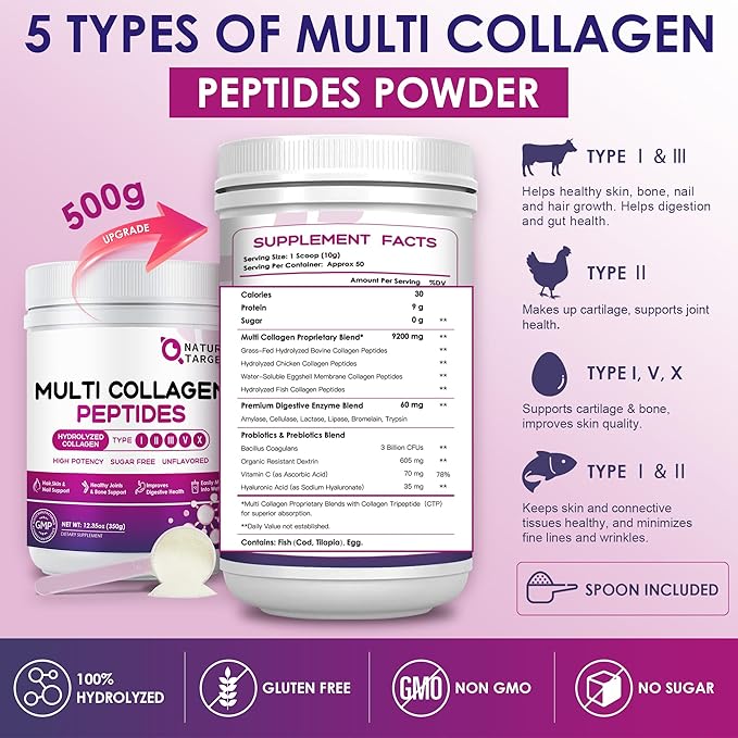 NATURE TARGET Multi Collagen Peptides Powder - Type I II III V X - Hydrolyzed Collagen Peptides with Vitamin C Hyaluronic Acid Supports Skin Hair Nail &amp Joint Grass-Fed Non-GMO 50 Servings